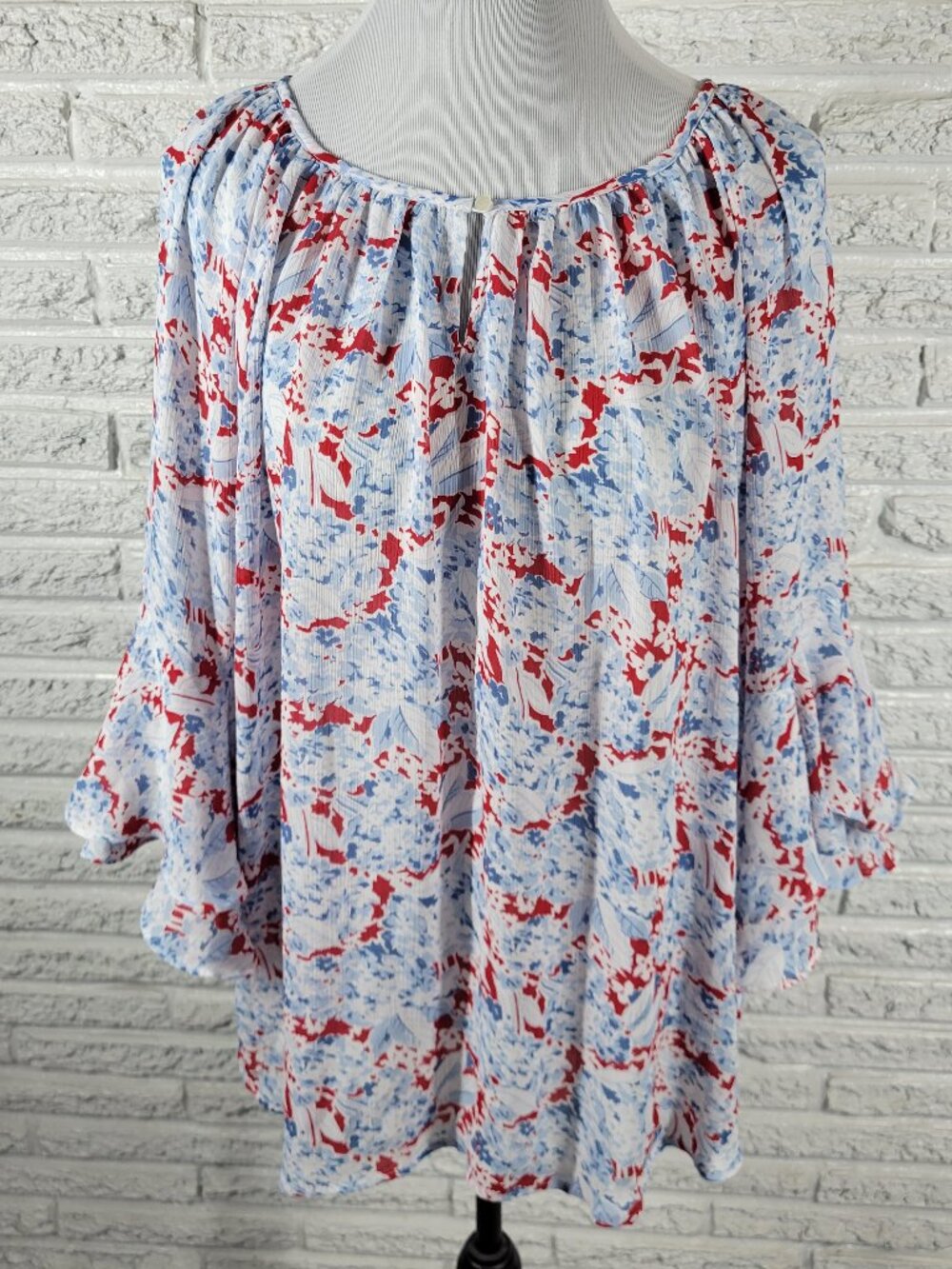 Chaps Boho Blue Red Floral Tunic Blouse Women Plus 3X Bell Sleeve FLO273E